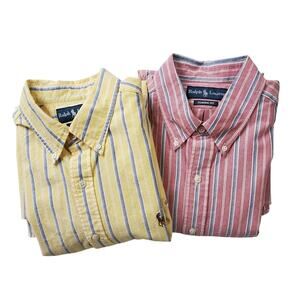 Ralph Lauren Classic Fit Button Down Shirt Pony Yellow Red Stripe Lot of 2 Sz L
